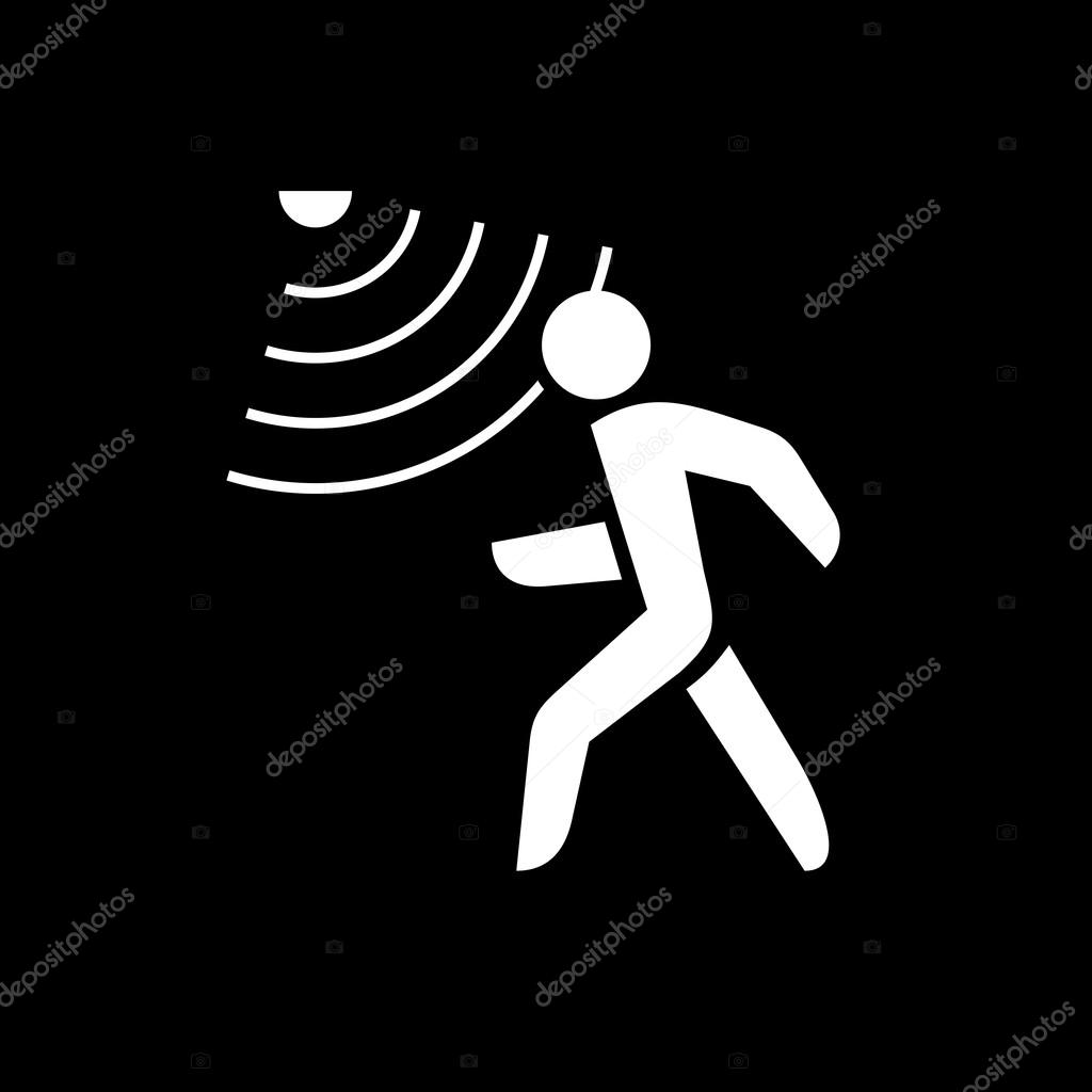 Walking man silhouette with motion sensor. White on black background.