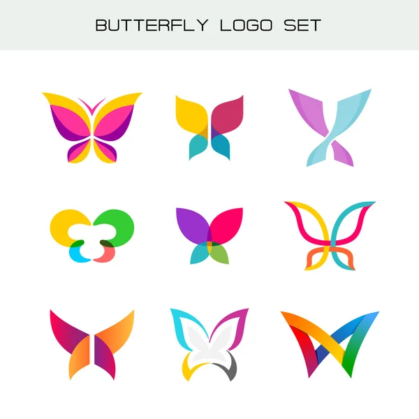 Conjunto de logotipo colorido mariposa. Colores vivos mariposa símbolos en un — Vector de stock