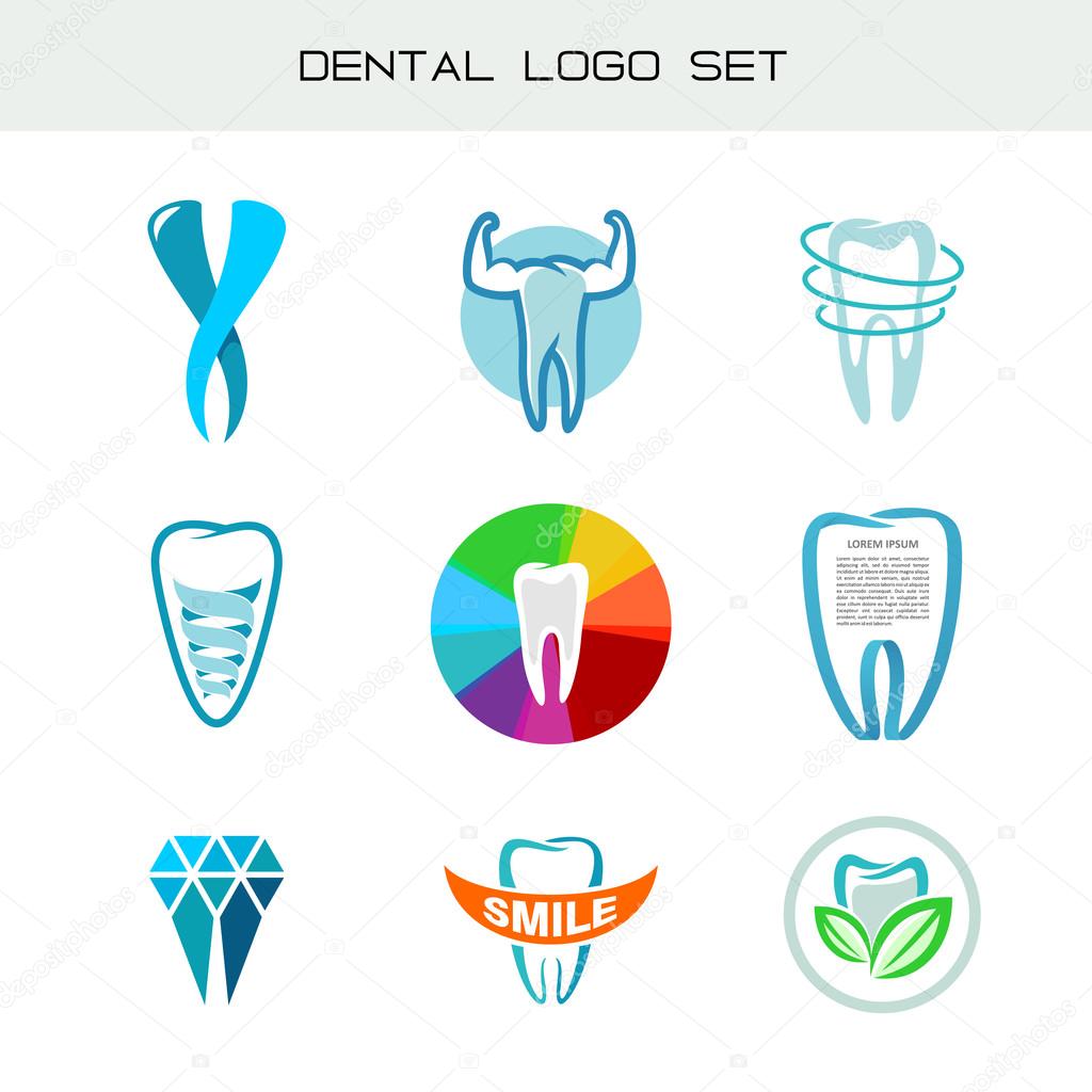 Tooth logo set. Dental medical healthcare symbols. Molar teeth logos. Medicine center color icons.