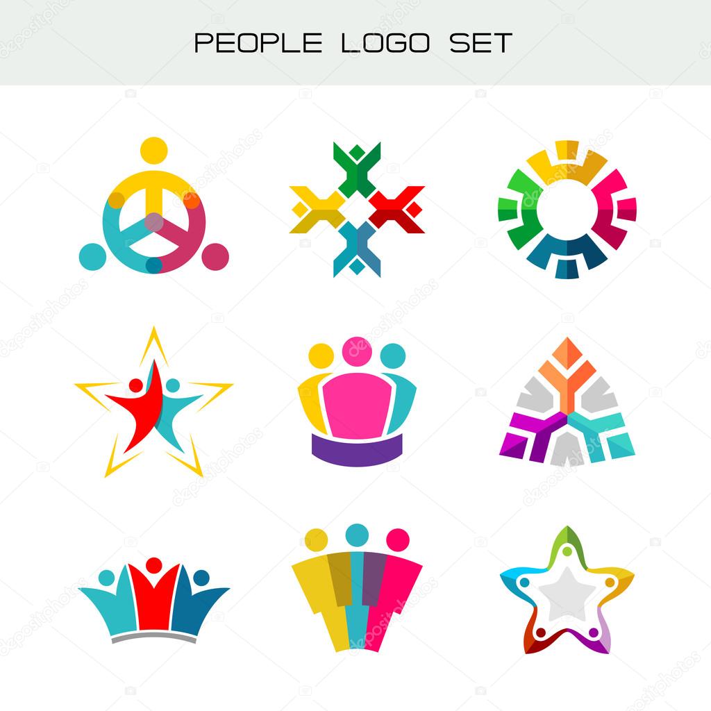 People logo set. Group of two, three, four or five people logos. Social network symbols. Happy people color icons.