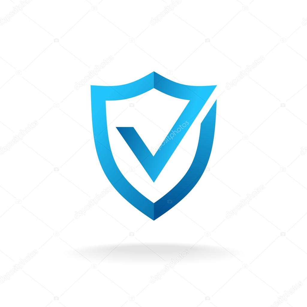 Shield with check mark badge logo. Secure is ok sign. Blue colors.