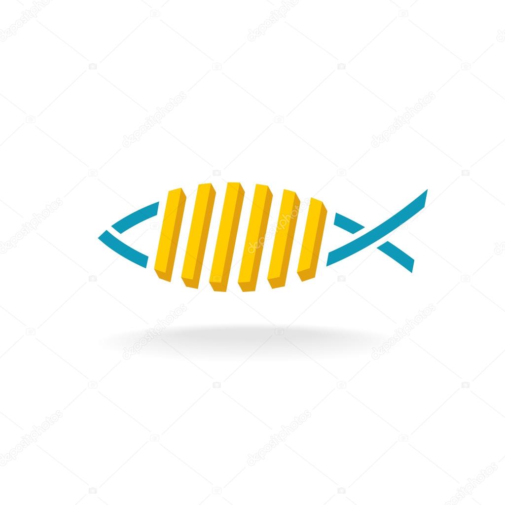 Fish and chips logo. Fast food symbol with linear fish silhouette and french fry potato meal.