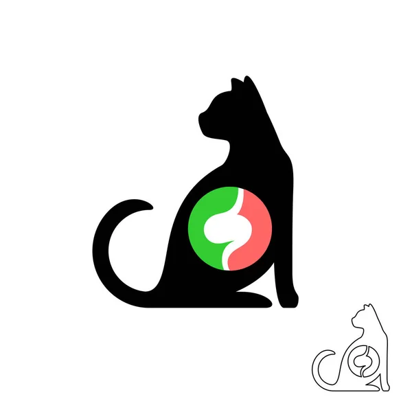 Katt silhuett med magen symbol. Sällskapsdjur mat balans koncept logotyp. Tamkatt sittande ikon. — Stock vektor