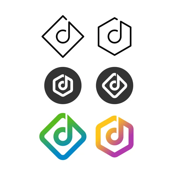 Music logos with note on a square, round and hex badge. Line style and colour variations. Stock Illustration