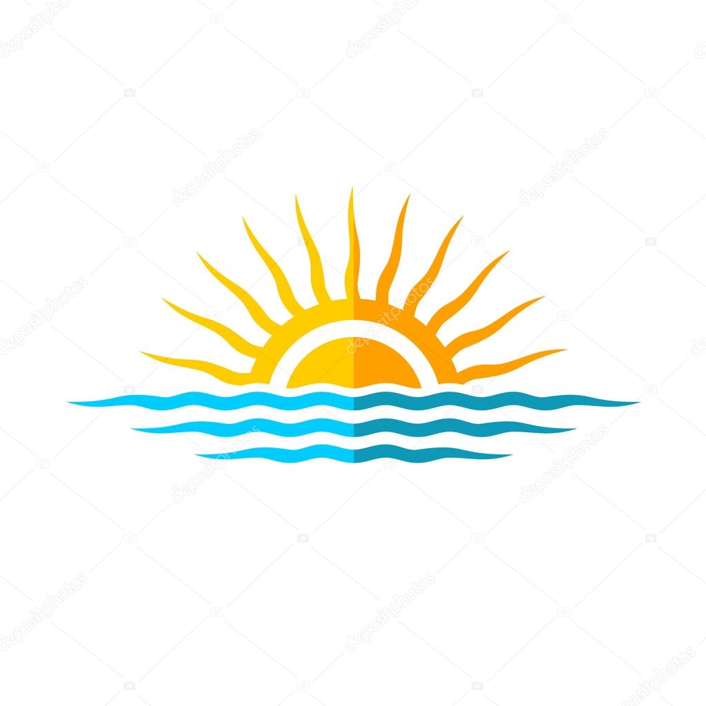 Travel logo template. Sun with sea waves.