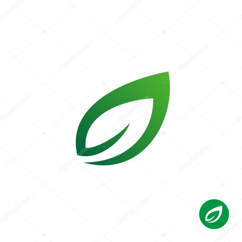 Green leaf symbol. Single contour style plant leaf simple logo.