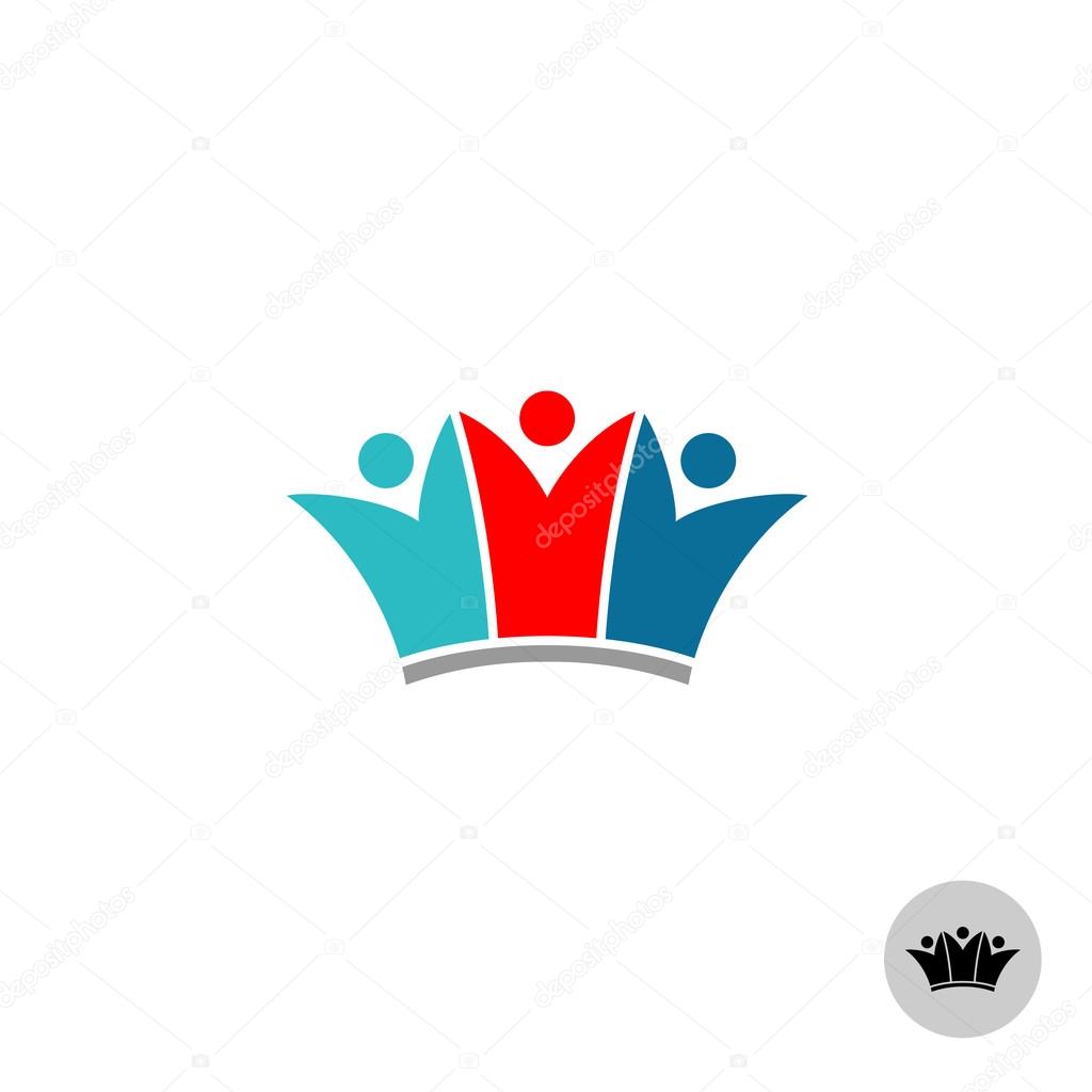 Three people in a crown shape logo. Silhouette of human figures with rised up hands sign.