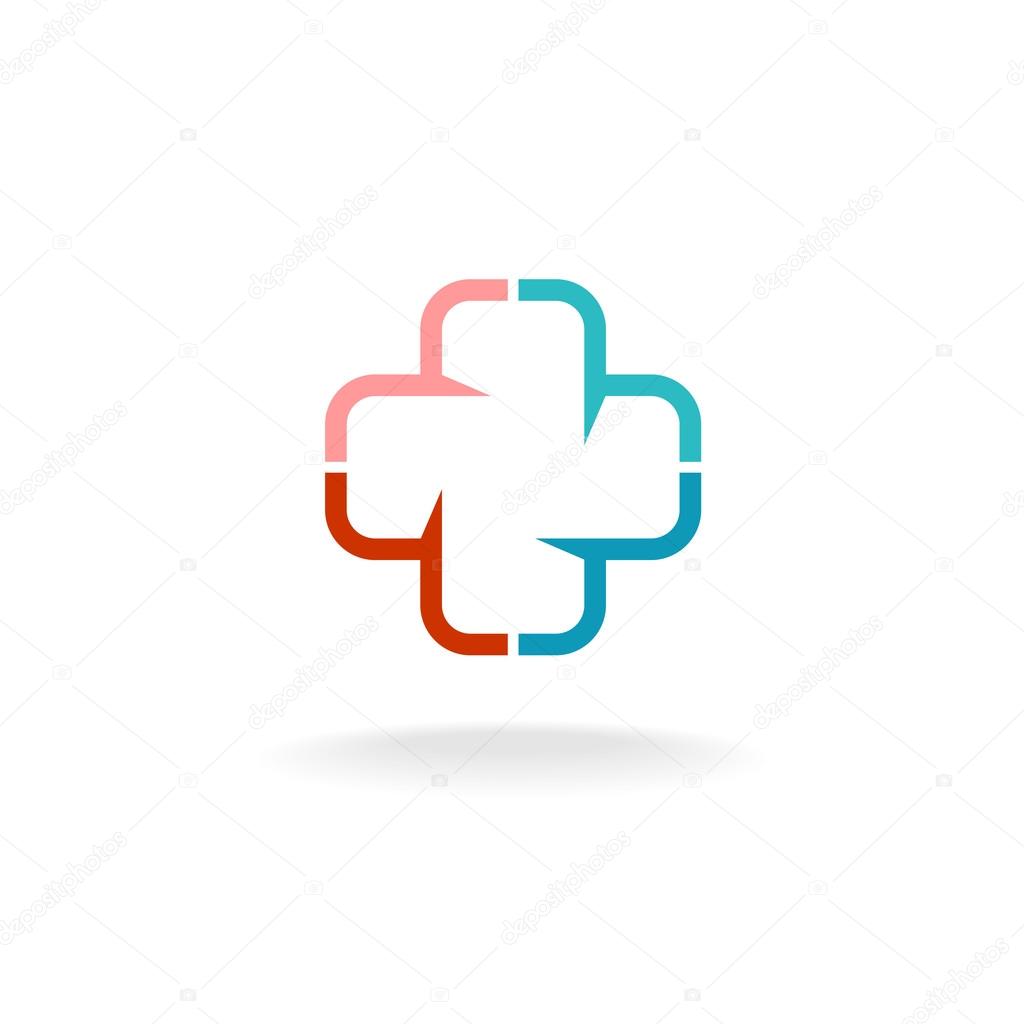 Colorful medical cross logo. Linear style, four colored parts.