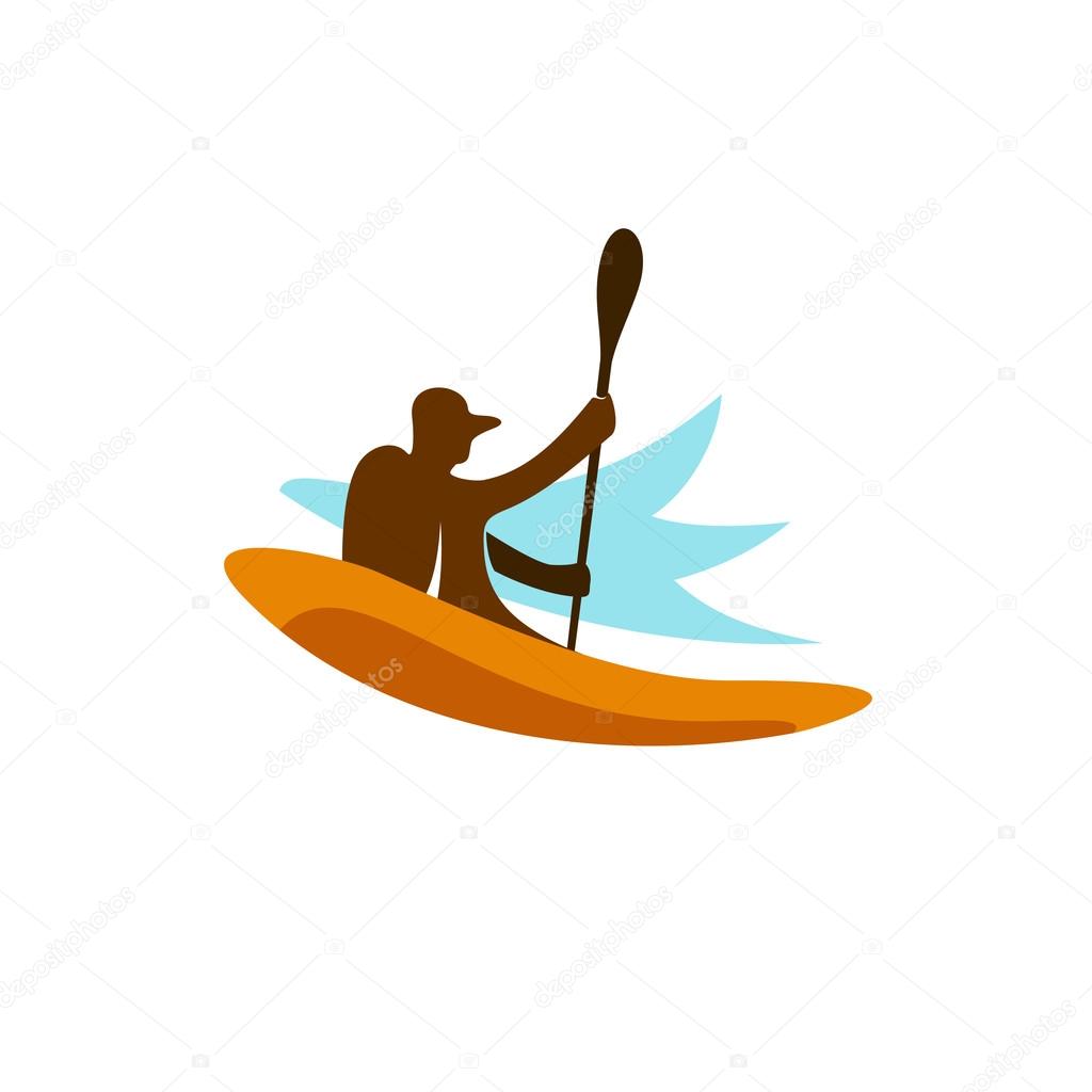 Kayak fishing logo. Kayaking man silhouette with paddle up.
