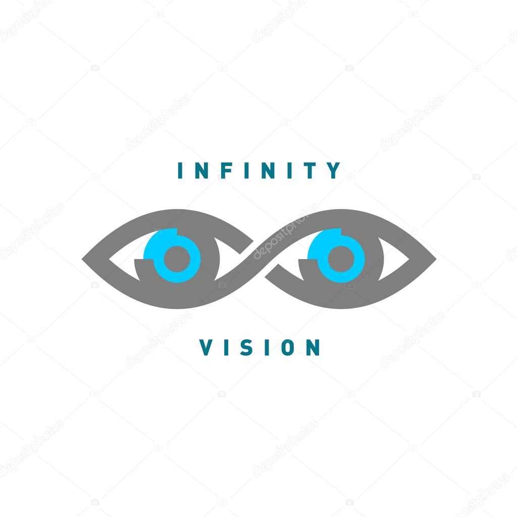 Eyes in the infinity sign shape logo. Mono line style, flat gray and blue colors.