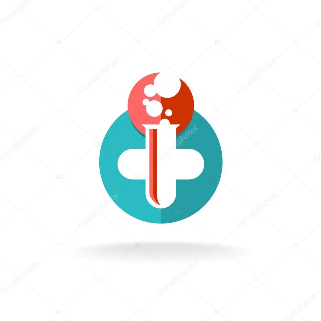 Medicine research chemistry pharmacy logo template. White medical cross with test-tube bulb and bubbles.