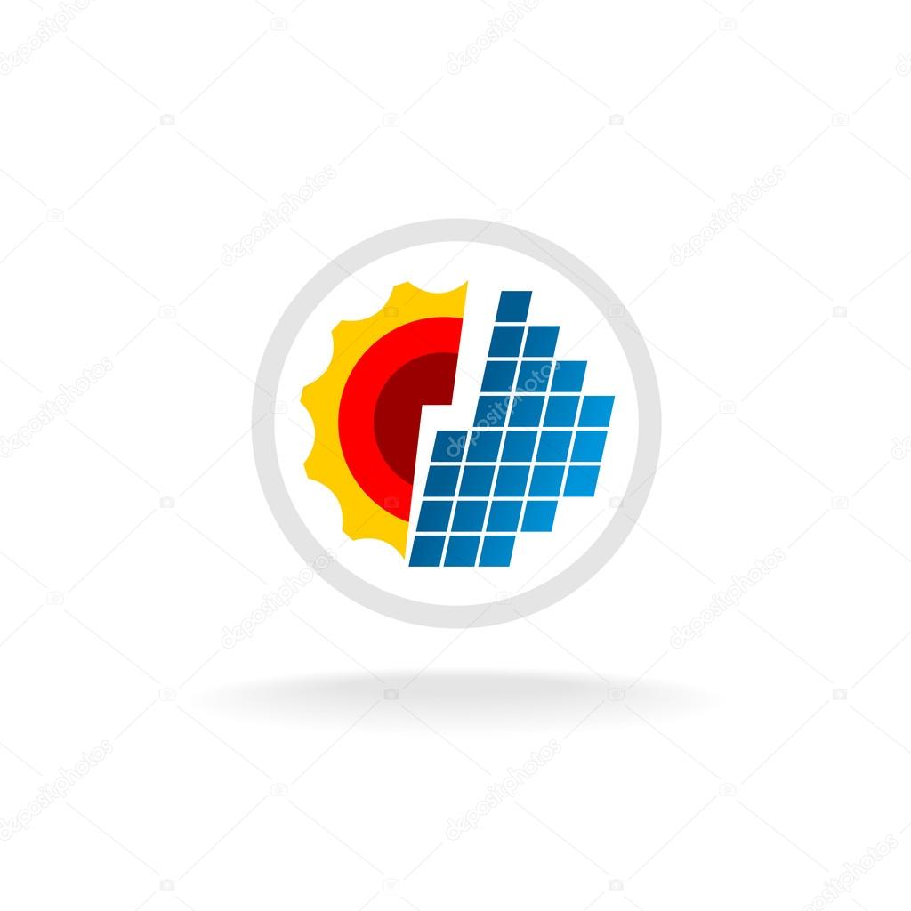 Solar energy logo concept. Sun with solar cell in a circle.