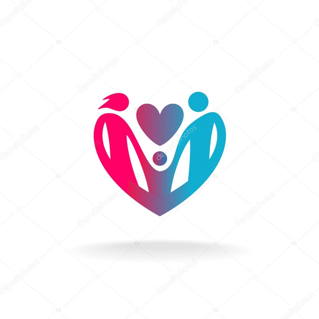 Classical family of three people in a heart shape logo