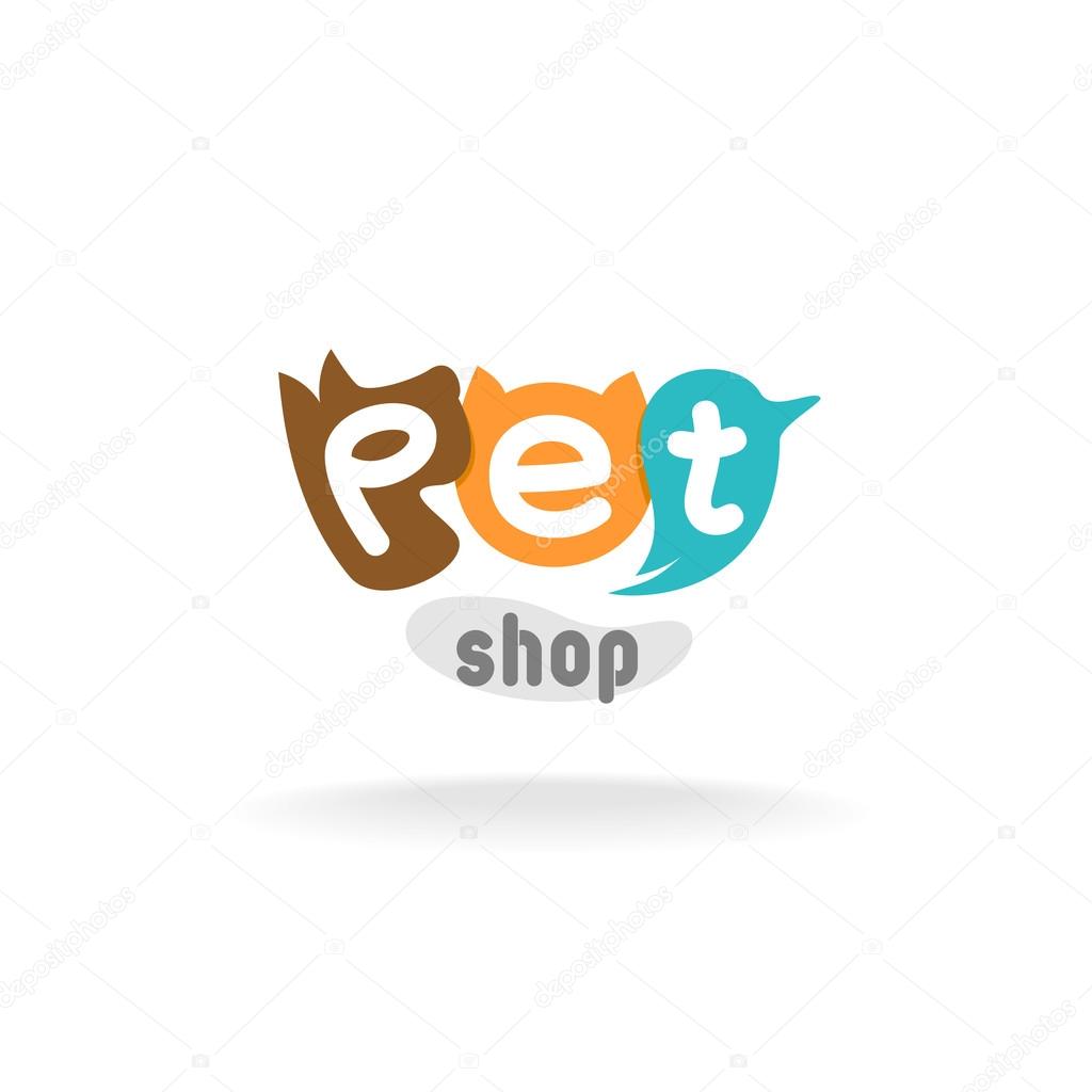 Heads of brown dog, red cat and green blue parrot. Pet shop or store signboard.