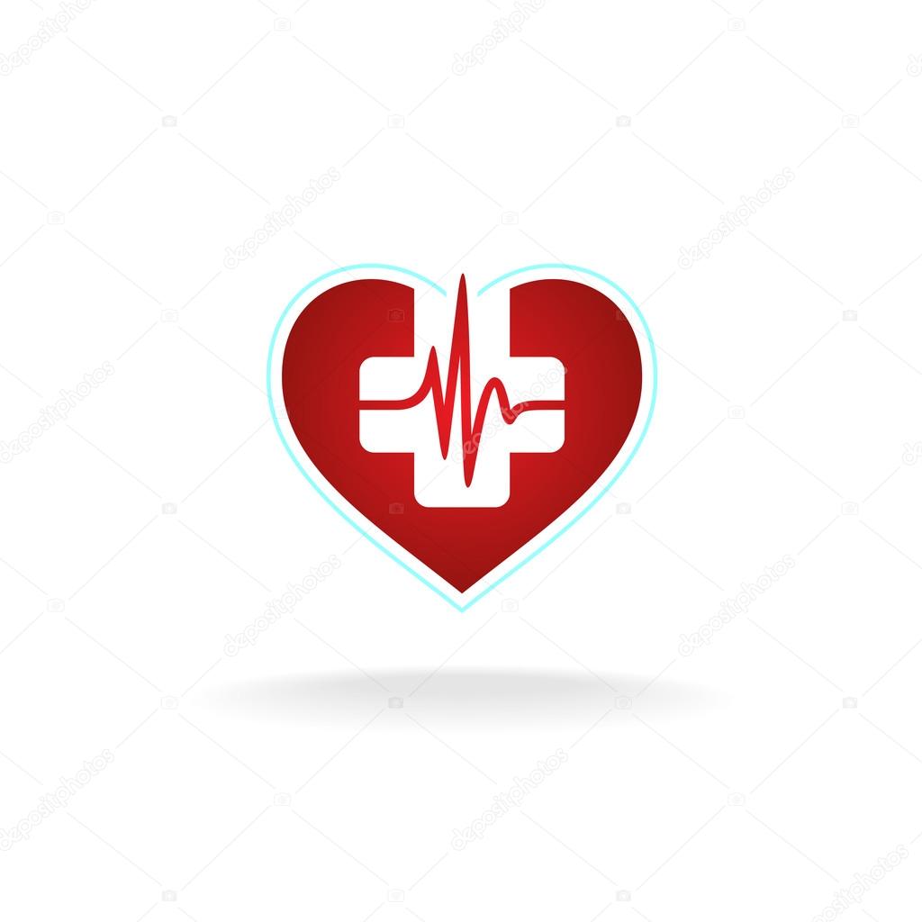 Heart logo with medical cross and heart beat pulse waveform. Red and white colors.