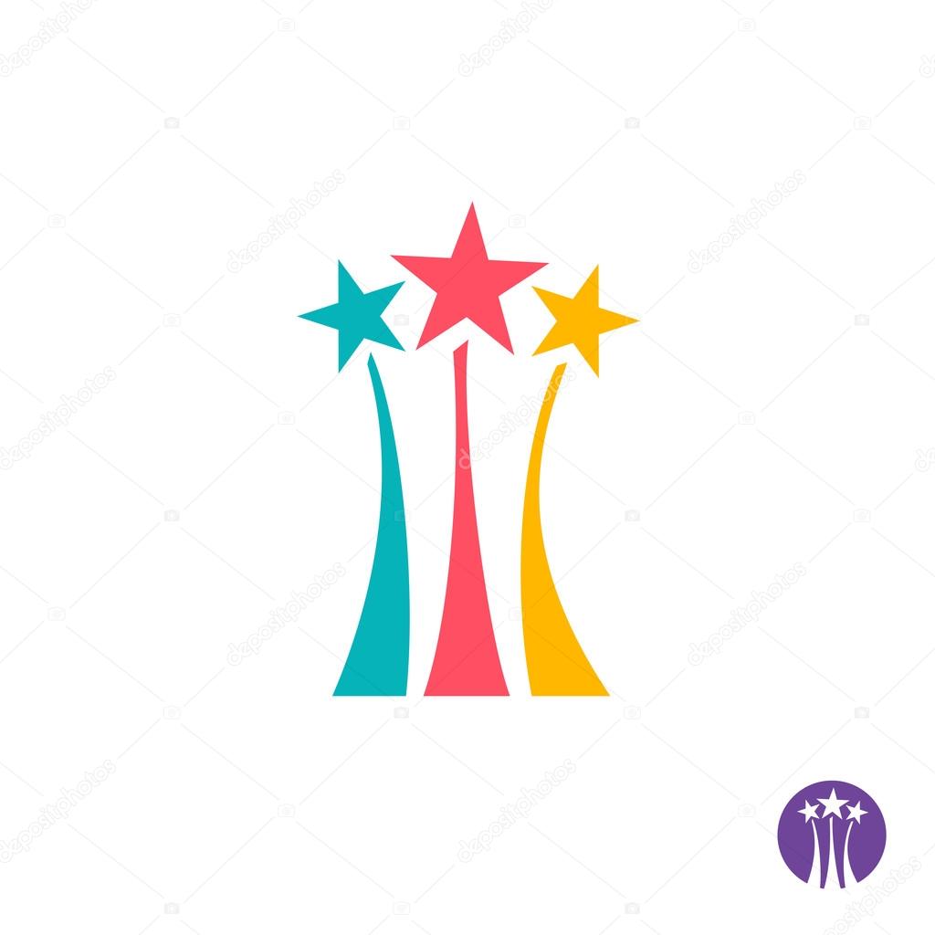 Fireworks logo. Three color stars with long trails sign.