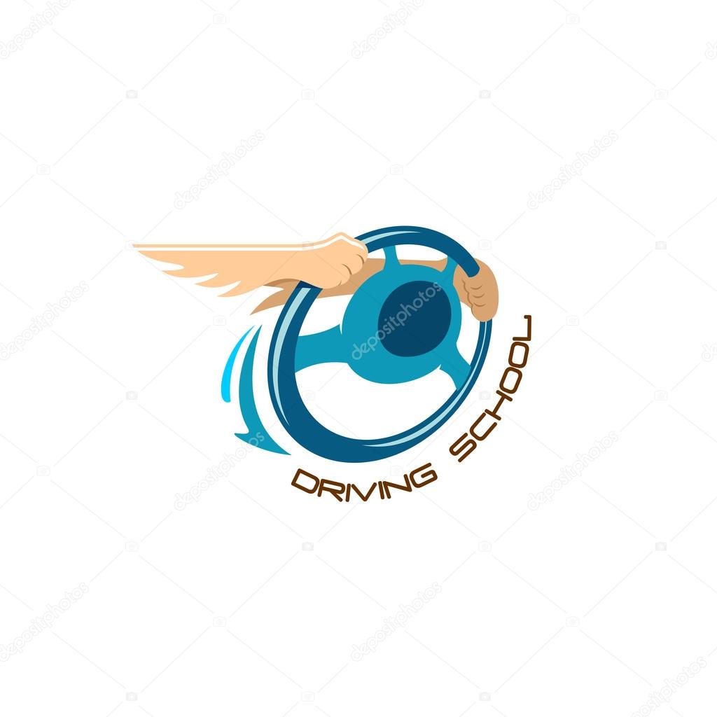 Driving school logo. Steering wheel with winged hands composition sign.