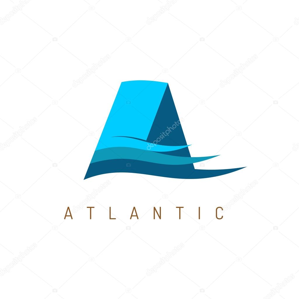 Letter A logo. Wide blue straight ribbons with horizontal color waves. Ocean theme.
