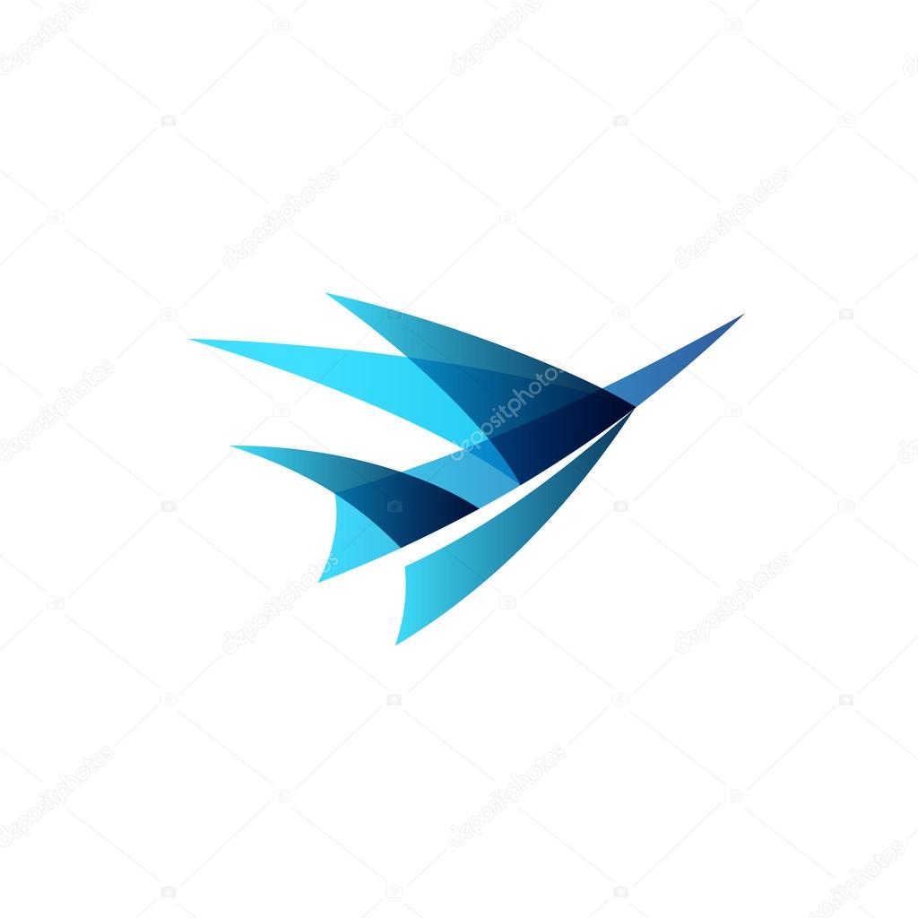 Abstract airplane stylized logo. Sign of a blue bird rise up.