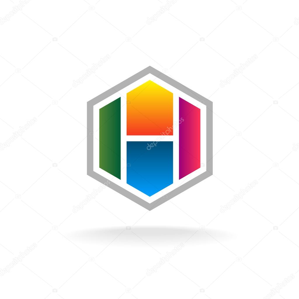 Letter H technical logo icon. Vivid colors parts in a hexagonal shape.