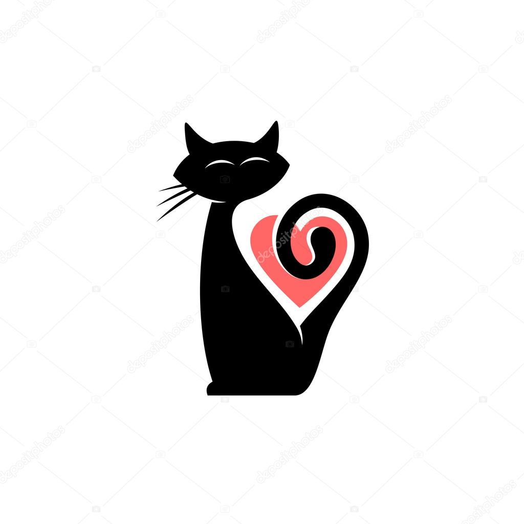 Elegant female cat silhouette with heart shape logo template
