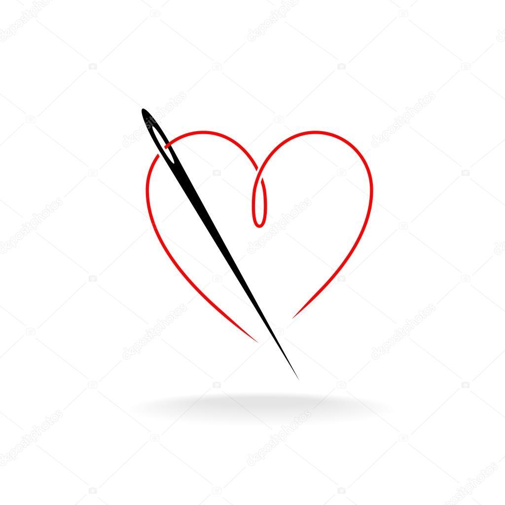 Needle and thread in a shape of the heart simple vector logo on white background