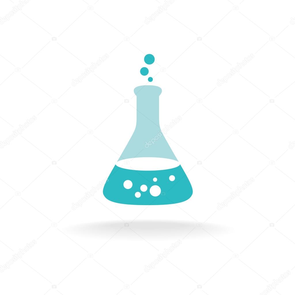 Chemical logo with conical bulb glass flask and bubbles  on white background