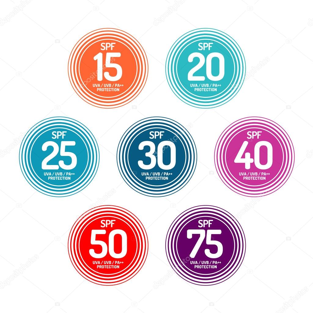 Sun protection vector signs set for cream package design on white background