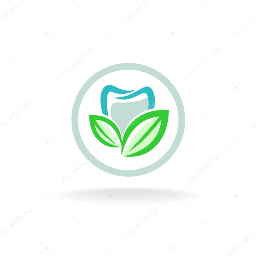 Tooth logo. Fresh dent with green leaves symbol. on white background