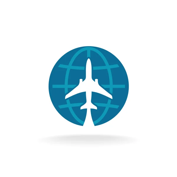 Earth globe met vliegtuig logo — Stockvector