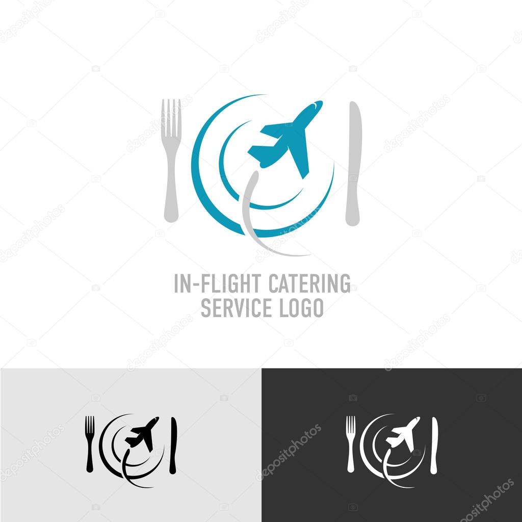 Catering food service with plate, fork, knife and plane silhouette logo template