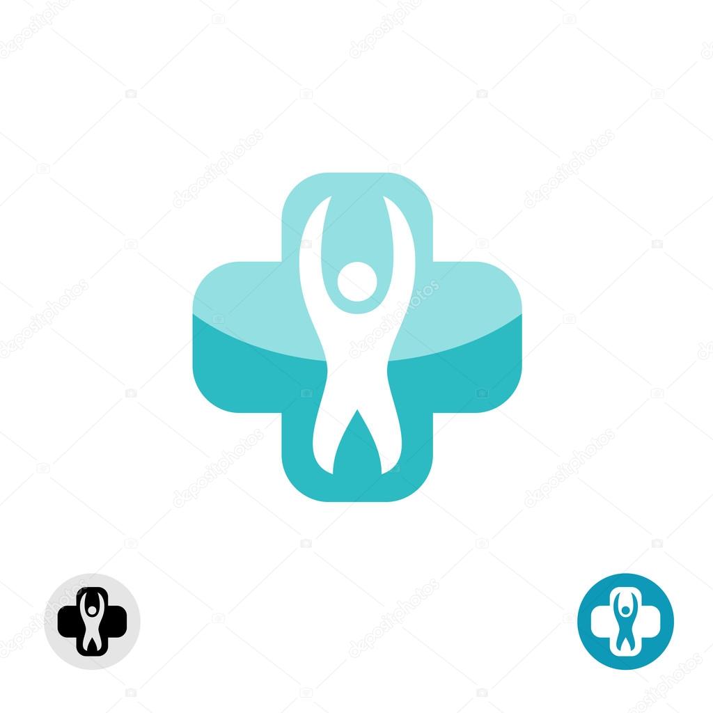 Medical cross shape with man silhouette rise hands up logo
