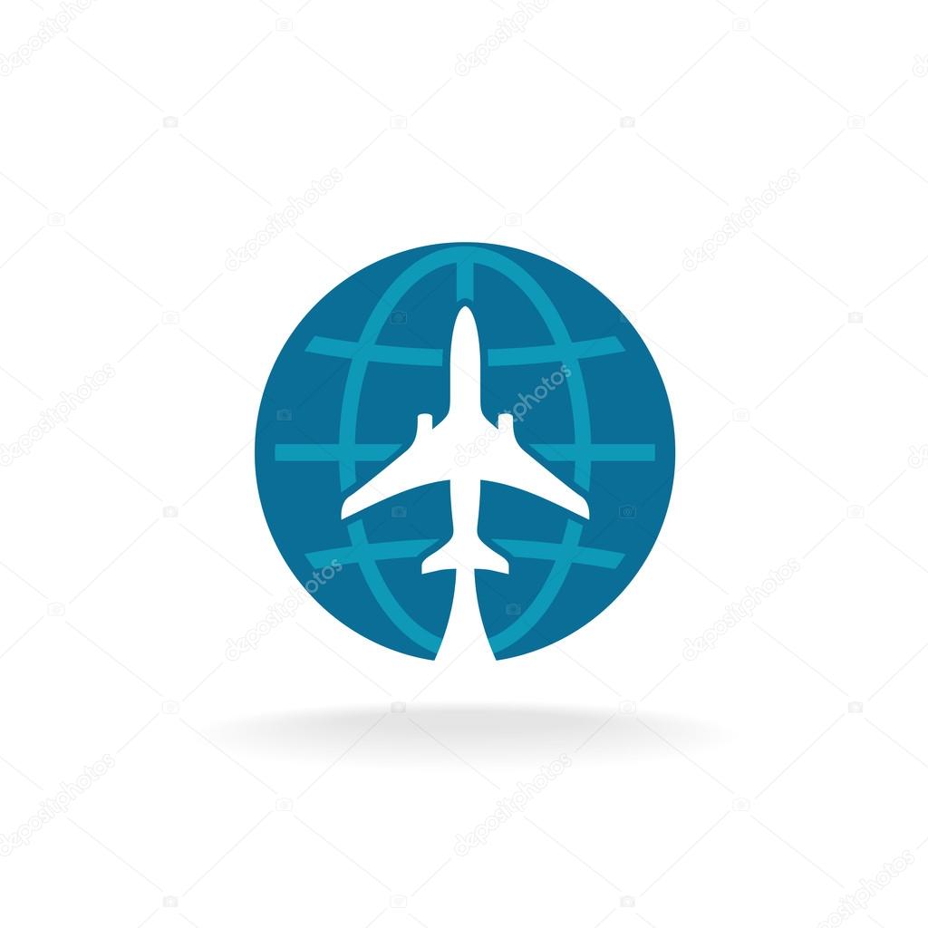 Earth globe with flying plane silhouette logo