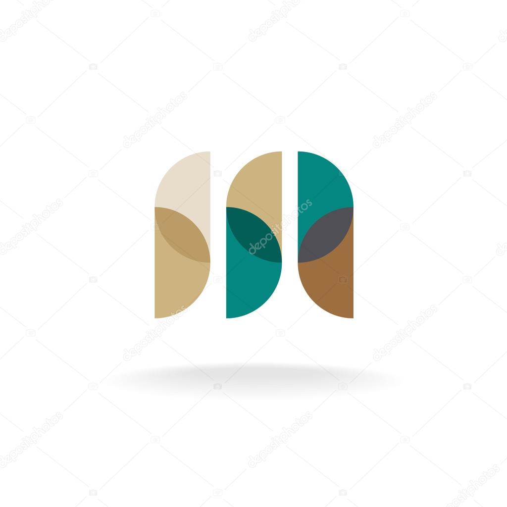 Letter M overlay style logo. Transparen circle particles design. Flattened transparency.