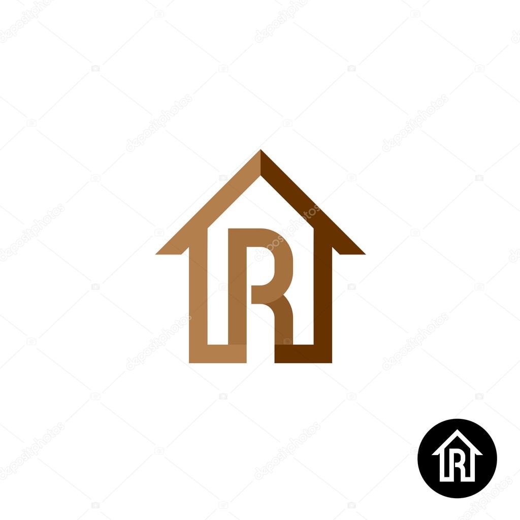 Letter R with house silhouette linear outline logo