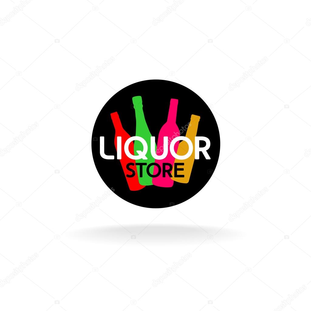 Liquor store logo. Colorful alcohol bottles in a round black shape with text.