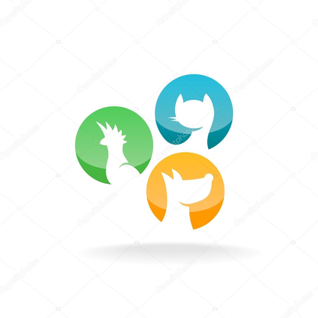 Parrot, cat and dog silhouettes in a round badges. Pet shop store logo.