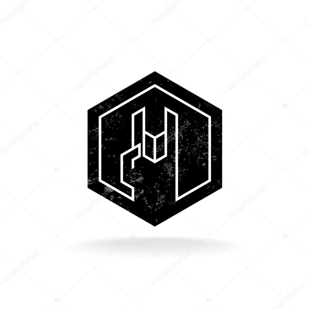 Rock hand linear style hex geometric logo with grunge noise