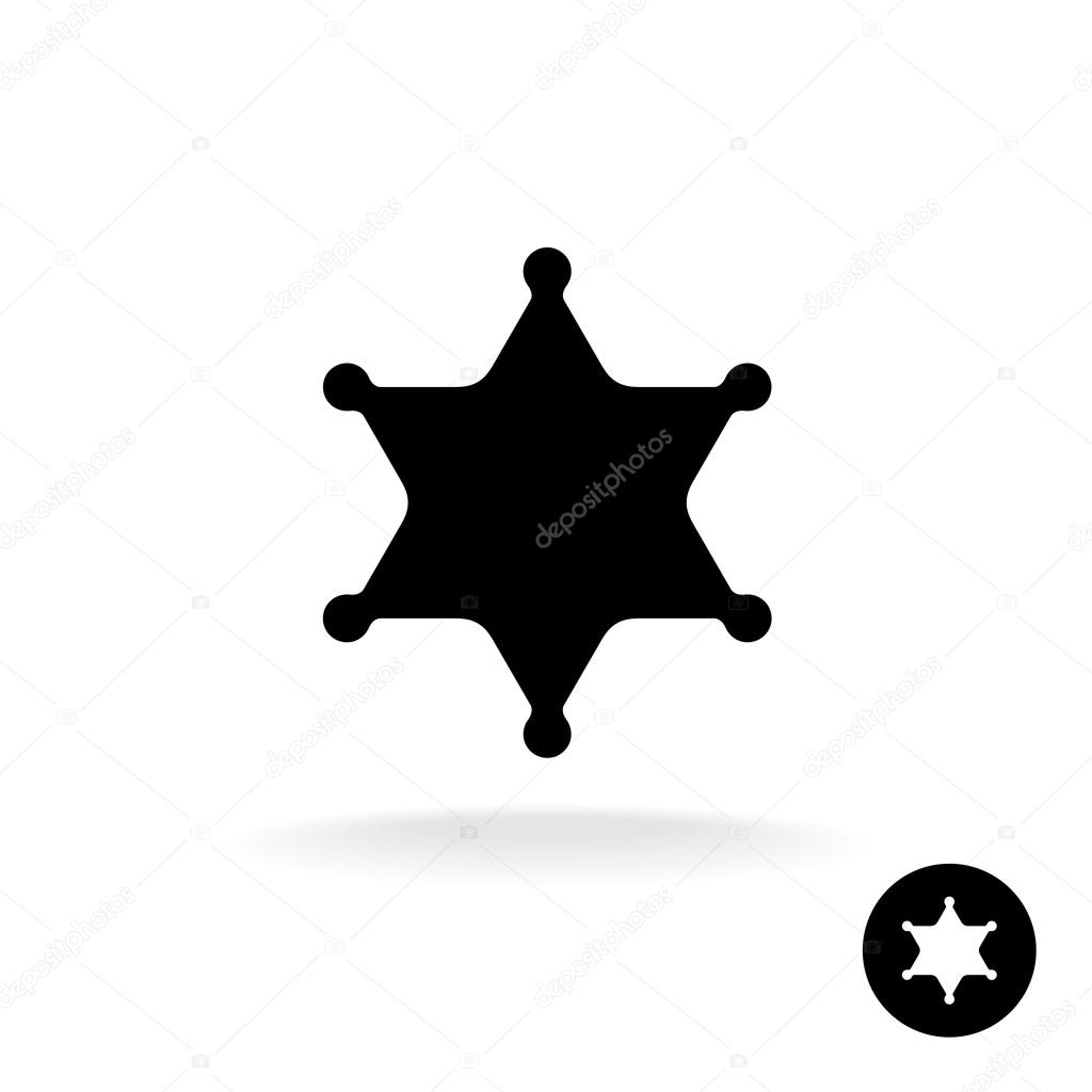 Sheriff star black symbol. Simple silhouette of six rays star with round tips.