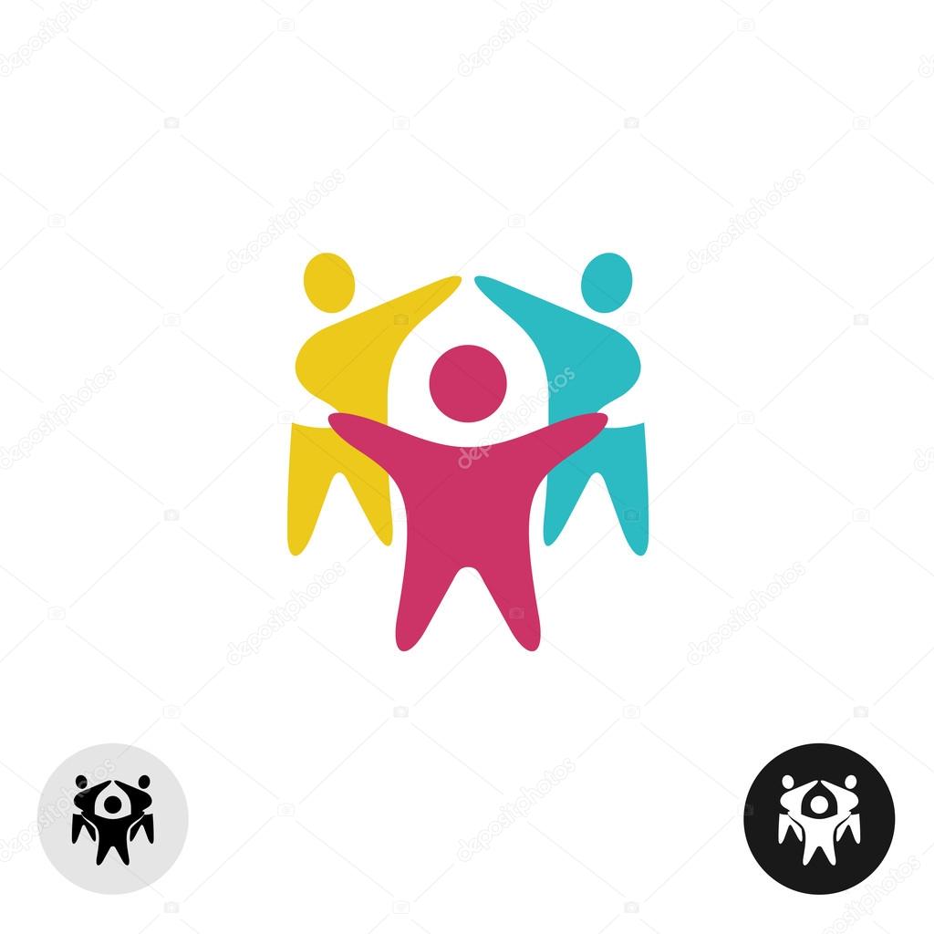 Three happy motivated people in a round colorful logo