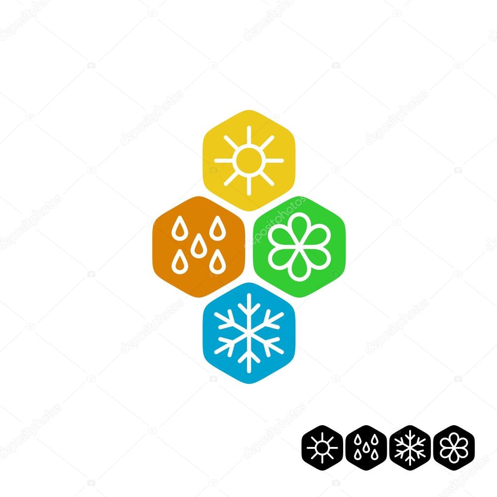 All season symbol. Winter snowflake, spring flower, summer sun, autumn rain weather signs. Linear style.