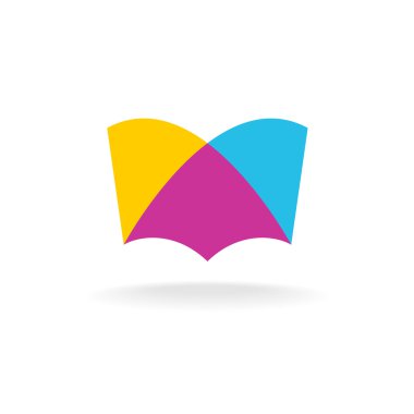 Açık kitap logo. Renkli kaplama düz stil.