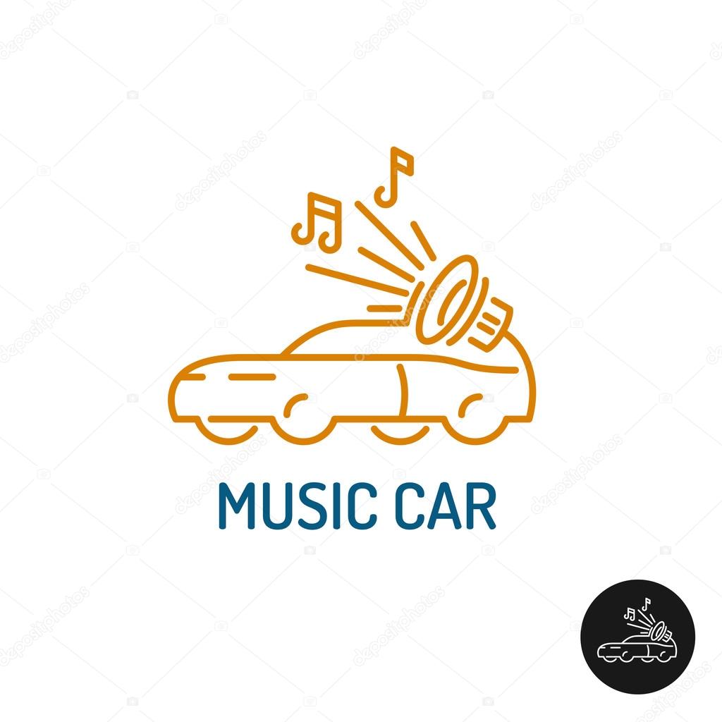 Music  car logo. Linear style vehicle silhouette with subwoofer and notes.