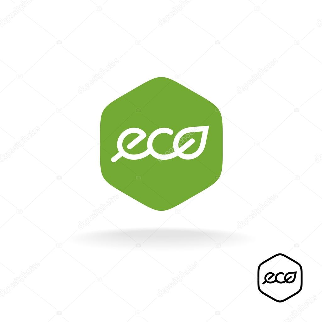 Eco text badge with green leaf. Linear style letters logo. Rounded hex shape background.