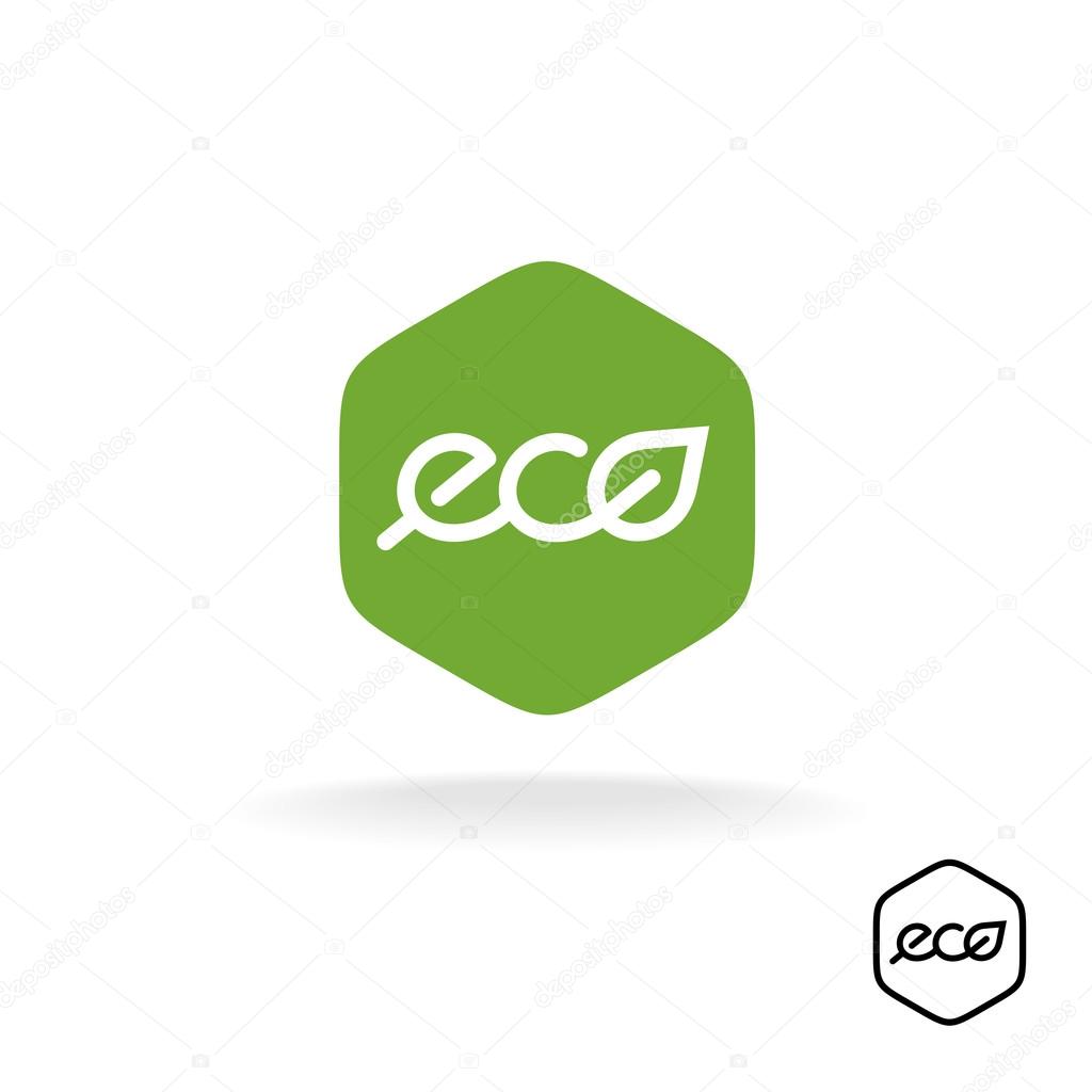 Eco text badge with green leaf.