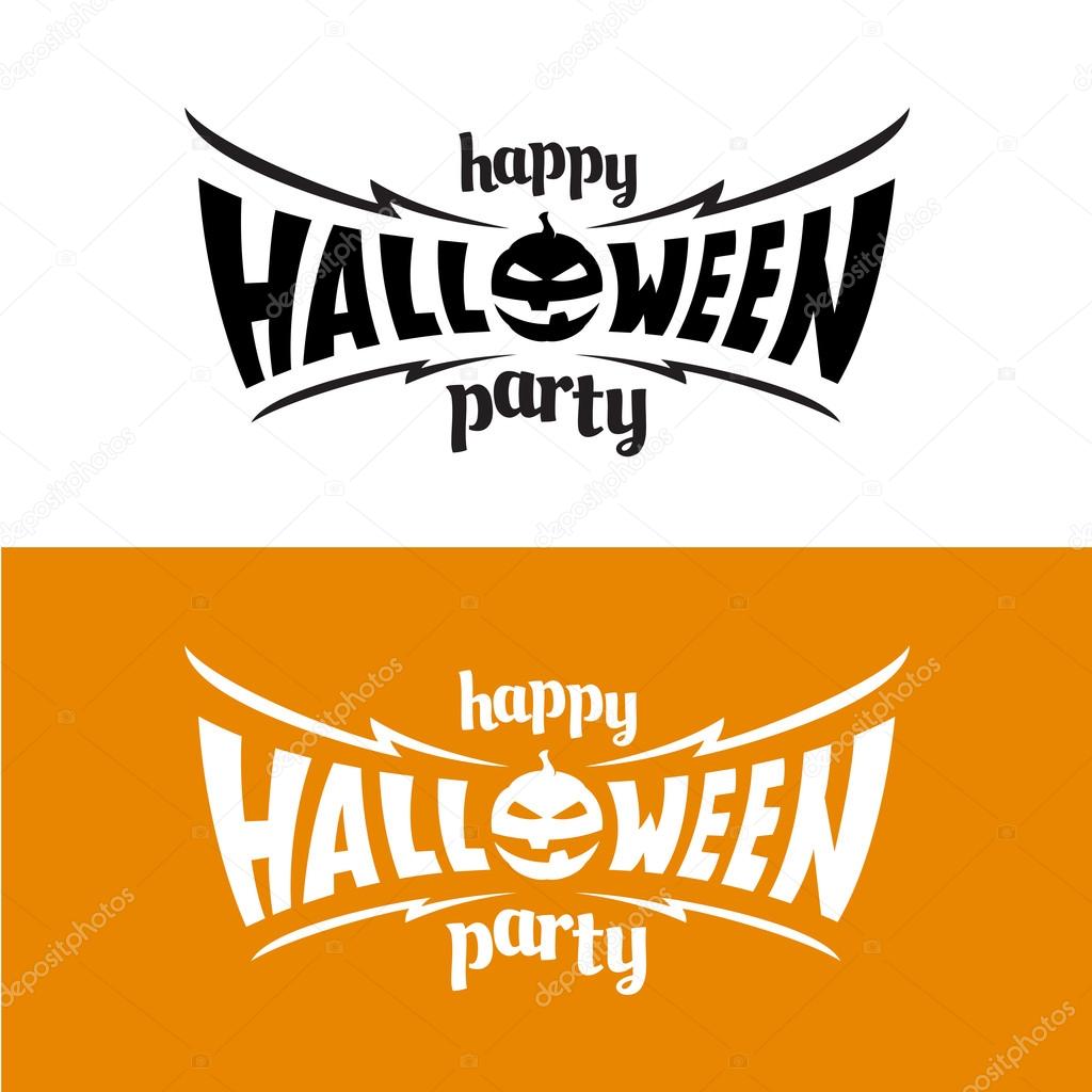 Happy hallowen party title logo template. Bat wings shape with evil pumpkin.