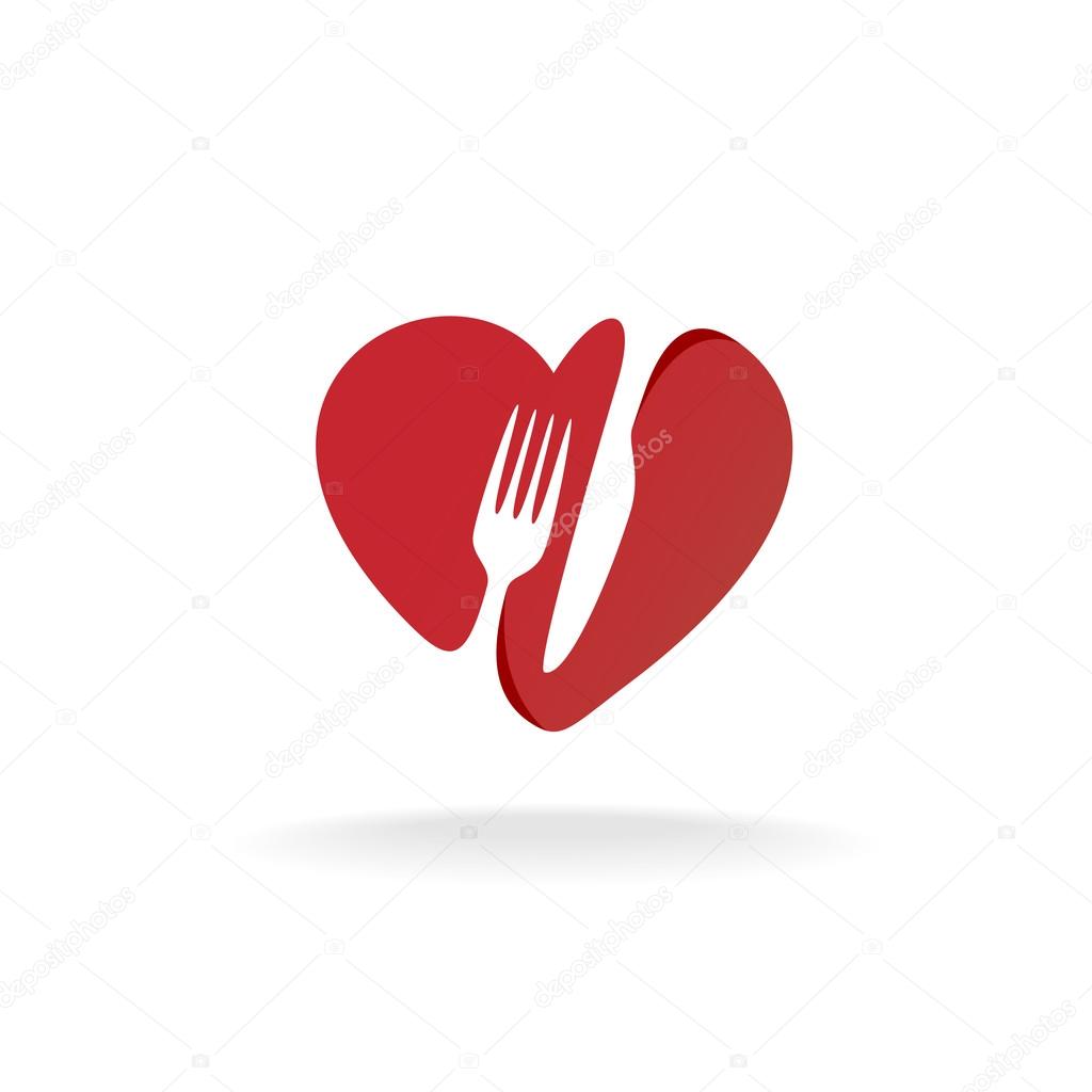 Fork and knife with heart shape lovely food logo. Cutlery sign.