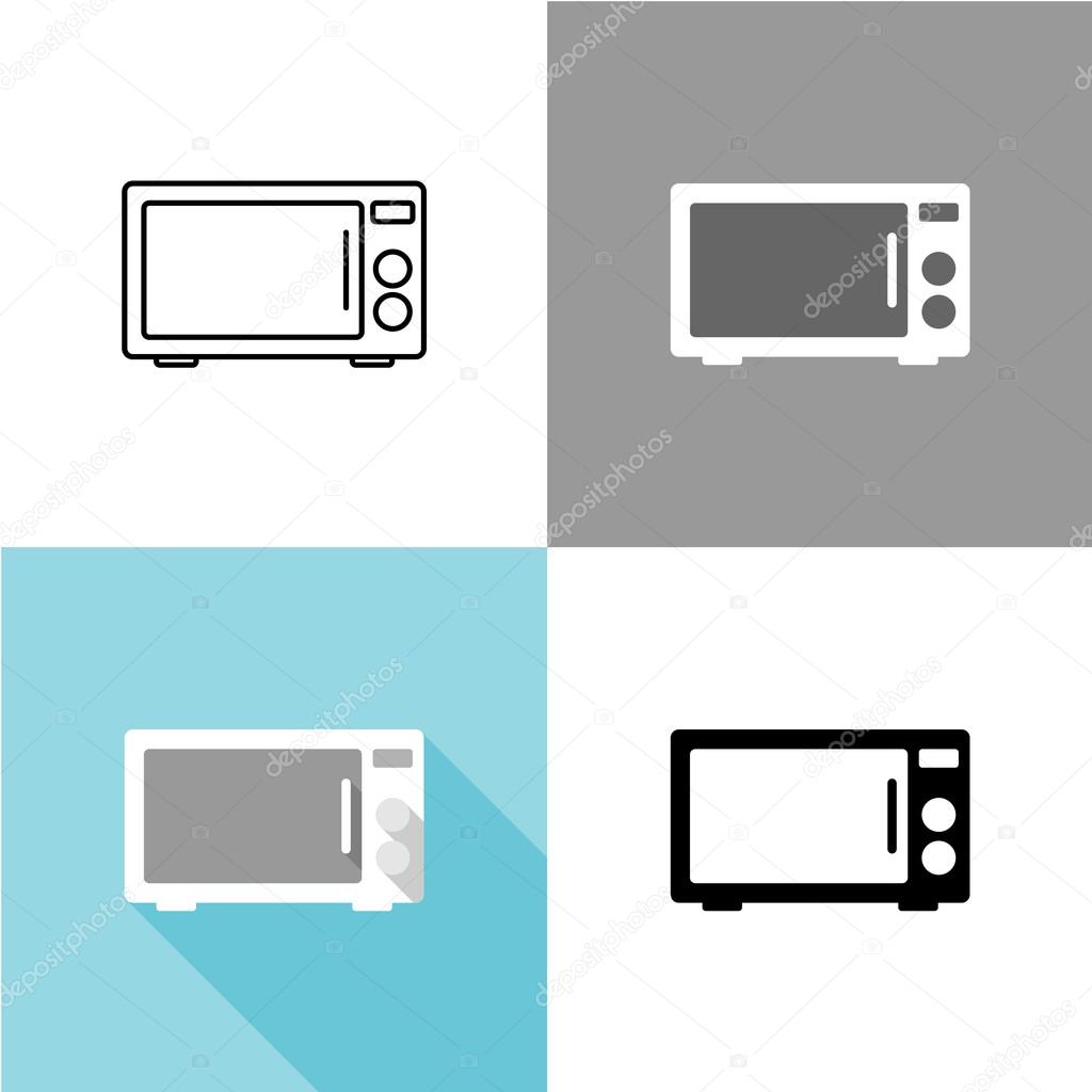Microwave oven front view black silhouette illustration with variations. Linear and flat styles.