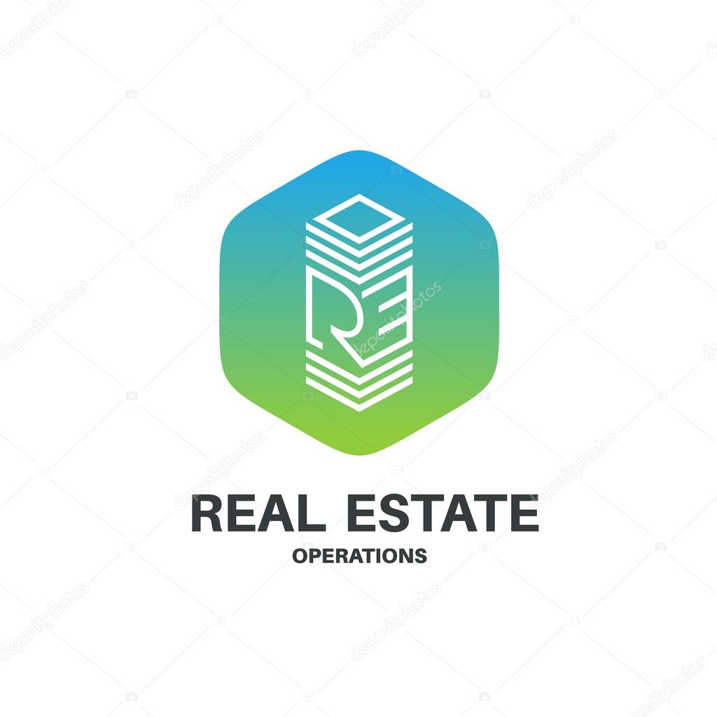 Real estate abbreviation monogram logo. Skyscraper building sign in a hexagonal badge.