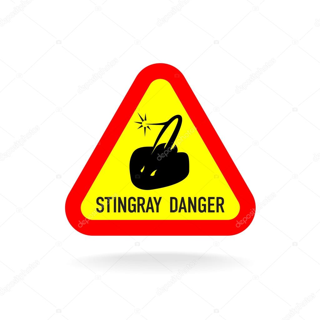 Stingray warning symbol. Triangle sign with silhouette and text.